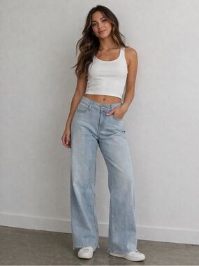 NWT Fidelity‎ Coco Wide Leg Jeans Raw Hem  Clearwater Blue Size 26 Clean Girl